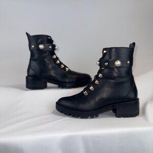 Karl Lagerfeld Paris Perry Black Leather Embellished Combat Boots